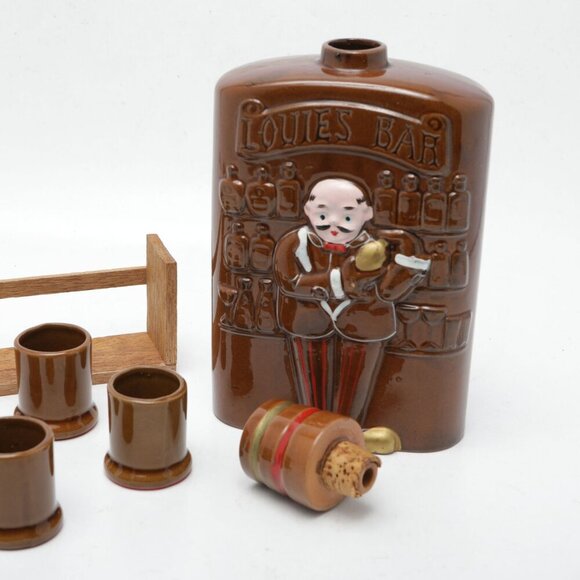 Vintage Fairyland Import Ceramic Flask & Glasses Japan Mid Century Louie's Bar - Picture 6 of 11